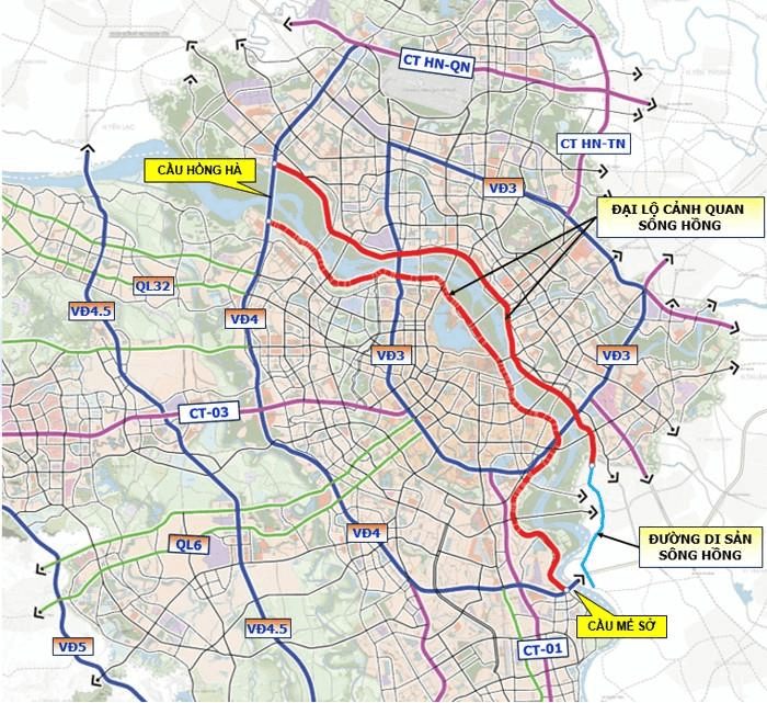 Trục đại lộ cảnh quan sông Hồng dự kiến dài 80km với 10 làn xe, kết nối 2 bên sông bằng 17 cây cầu - Ảnh 1