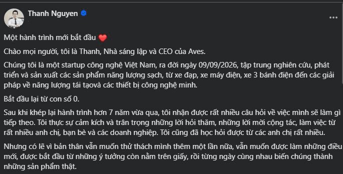 Cựu CEO Green SM Nguyễn Văn Thanh chính thức công bố startup xe điện mới: “Bắt đầu lại từ con số 0”, bắt tay cựu Phó tổng giám đốc VinFast - Ảnh 1