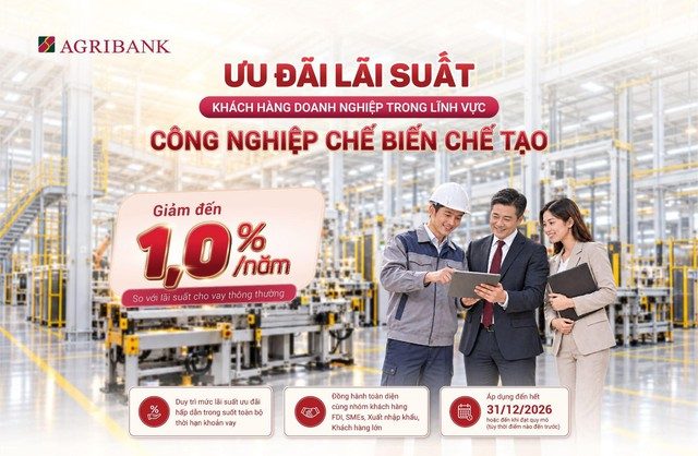Agribank đẩy mạnh tín dụng ưu đãi 2026 cho các doanh nghiệp Công nghiệp chế biến, chế tạo