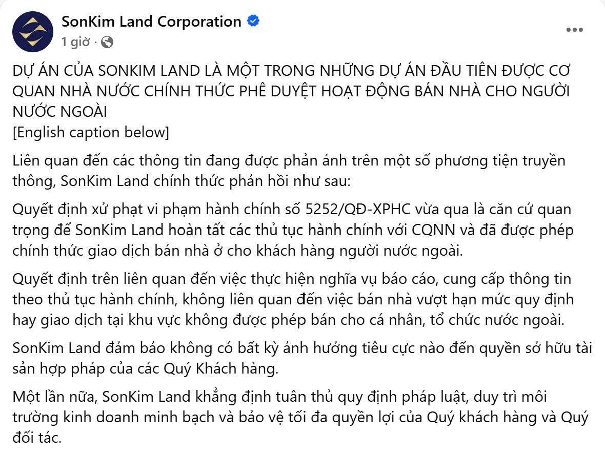 Sơn Kim Land lên tiếng về việc bị xử phạt do bán 136 căn hộ cho người nước ngoài