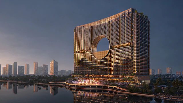 Việt Nam sắp có tòa tháp cao 183m với "Cổng Trăng" khổng lồ khoét giữa thân, bên dưới là sân khấu ngoài trời gần 20.000 chỗ hướng ra sông Hàn - Ảnh 1
