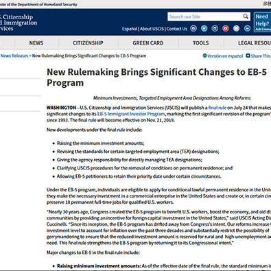 Sở Di trú Mỹ công bố tăng hạn mức đầu tư EB-5